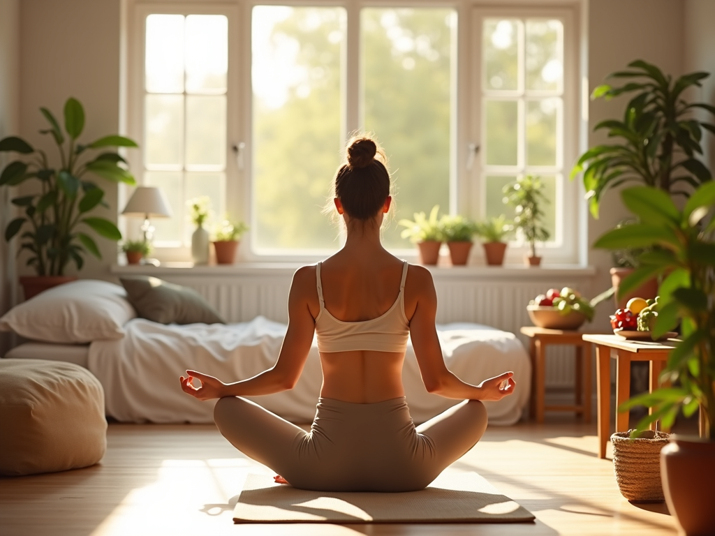 Hình ảnh mô tả lối sống lành mạnh: người tập yoga, ăn uống lành mạnh, ngủ ngon giấc