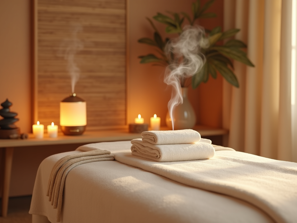 Không gian massage tại nhà với ánh sáng nhẹ và tinh dầu khuếch tán