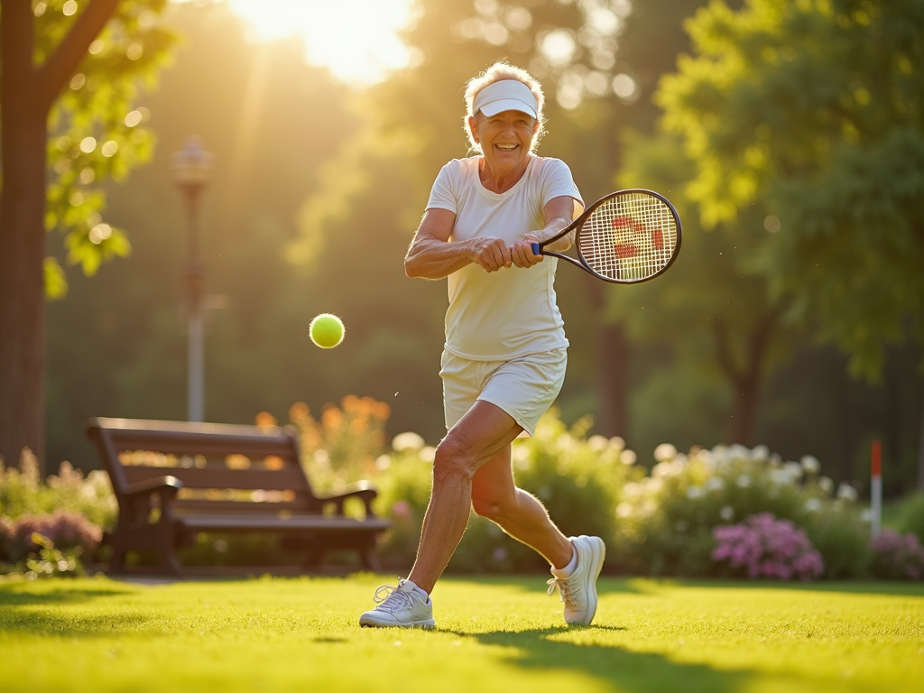 A healthy, athletic elderly person with a fit and flexible physique playing tennis in a lush green park, smiling confidently under the morning sun, wearing a light sports outfit and visor, toned muscles visible, energetic and graceful movement captured mid-swing, surrounded by vibrant trees and blooming flowers, a wooden bench and garden tools in the soft background indicating active lifestyle, clear sky with gentle sunshine casting natural highlights, photorealistic style, ultra-detailed texture and facial features, warm and balanced color palette dominated by greens and yellows, sharp focus, intricate background elements, wide shot composition, golden hour lighting, cinematic depth of field, 8k resolution --ar 16:9