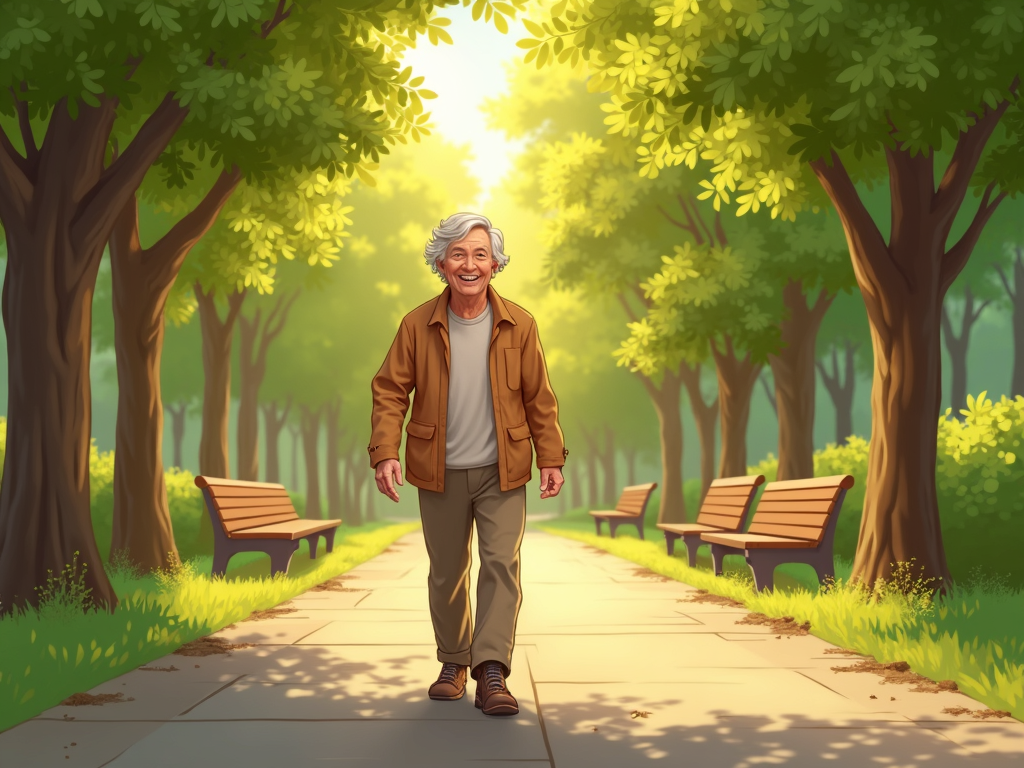 A happy, healthy elderly person walking through a peaceful park, lush green trees surrounding a paved path, warm sunlight filtering through the leaves, wearing comfortable casual clothes, joyful expression, slight breeze moving their hair, detailed background with benches and distant children playing, soft shadows, golden hour lighting, highly detailed illustration, warm color palette, realistic style with soft painterly touches, focus on serenity and vitality