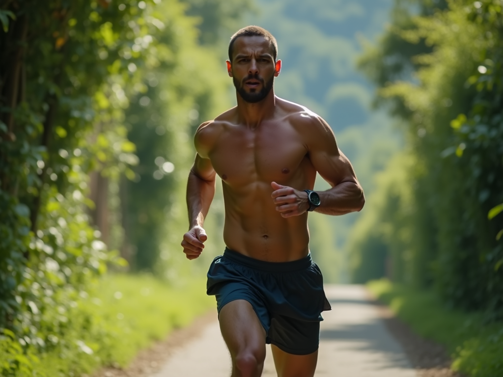 A fit athlete jogging in a lush natural environment or a modern gym, captured mid-stride to emphasize motion and endurance, wearing breathable sportswear, muscles defined and glistening with sweat, dynamic angle with a sense of movement, bright natural lighting for outdoor or cool artificial lighting for indoor gym setting, high contrast and vibrant colors to highlight energy and determination, cinematic style, shallow depth of field, highly detailed focus on form and motion, background slightly blurred to enhance subject, realistic style with a touch of hyperrealism