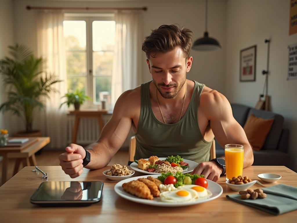 a healthy young man in the process of gaining weight, sitting at a clean modern dining table with a well-balanced high-calorie meal including eggs, avocado, chicken breast, brown rice, mixed vegetables, and protein shake, surrounded by healthy snacks like nuts and fruits, digital smart scale and fitness tracker on his wrist, in the background a home gym setup with dumbbells and yoga mat bathed in soft natural morning light through a large window, warm cozy living space with indoor plants and motivational posters on the wall, photorealistic style, warm golden hour lighting, cinematic color grading, ultra-detailed textures, sharp focus, wide shot composition, vibrant yet natural color palette, 8k resolution, --ar 16:9