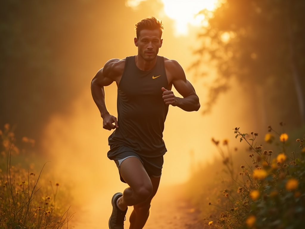 A fit young man training for endurance in an outdoor setting, mid-action running on a forest trail at sunrise, muscular physique in moisture-wicking athletic wear, visible sweat and exertion, dynamic motion blur, golden hour lighting casting long shadows, mist in the background, energetic and inspiring atmosphere, cinematic wide-angle composition, high detail environmental textures, realistic style, vibrant natural color palette