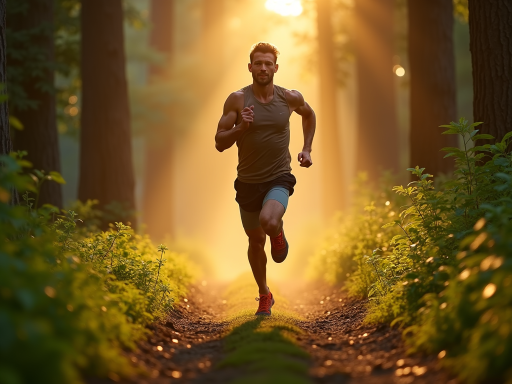 a highly energetic person running through a lush green forest trail during sunrise, symbolizing persistence and endurance, wearing modern athletic gear, sweat glistening on their face, dynamic body posture in mid-stride, breathable running shoes, mist rising from the forest floor, golden hour lighting filtering through tall trees, soft rays of sunlight casting long shadows, vivid and vibrant color palette with rich greens, warm oranges and soft blues, wide-angle cinematic shot, ultra-detailed environment with realistic textures on foliage and ground, sharp focus on runner, slight motion blur on background to emphasize speed, photorealistic style, 8k resolution, intricate details on clothing and musculature, high contrast and clarity, --ar 16:9
