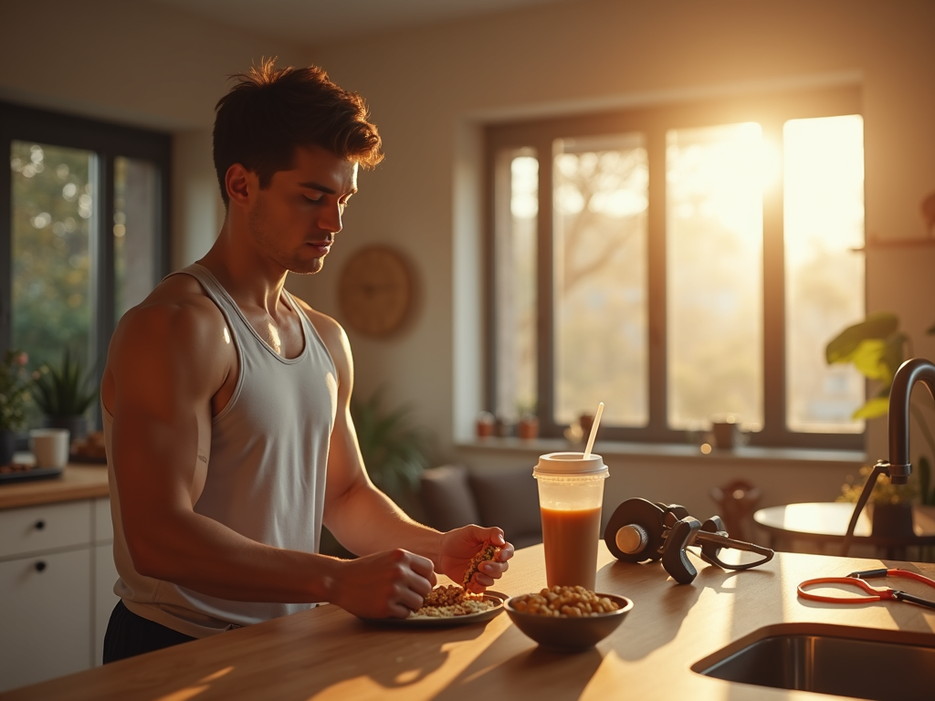 A slim young man with visible skinny physique, short dark hair, wearing a fitted tank top and workout shorts, sitting at a modern wooden kitchen counter eating a high-calorie meal with focus and determination, a protein shake and bowl of mixed nuts beside him, dumbbells and resistance bands visible in the living room behind him, sunlit apartment with a minimalistic yet cozy interior, morning golden hour light streaming through large windows casting warm soft shadows, photorealistic, ultra-detailed, sharp focus, cinematic composition, wide shot, depth of field with natural bokeh in the background, warm earthy color palette with pops of green and orange from food and indoor plants, 8k resolution, --ar 16:9