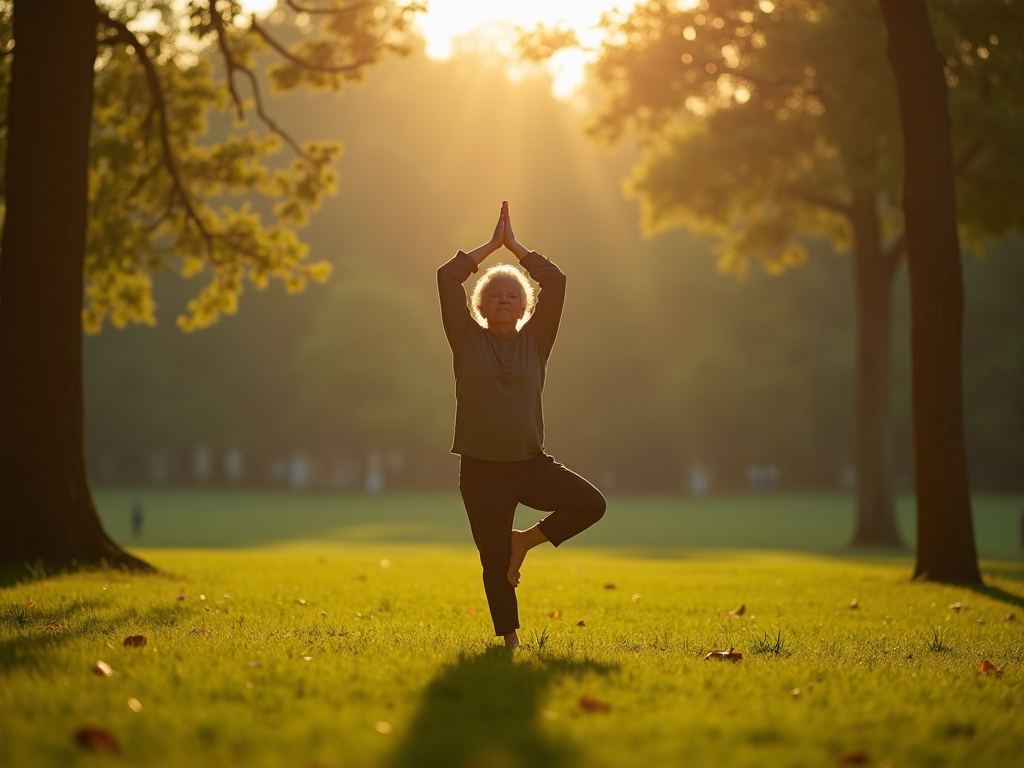 Người cao tuổi tập yoga hoặc đi bộ trong công viên