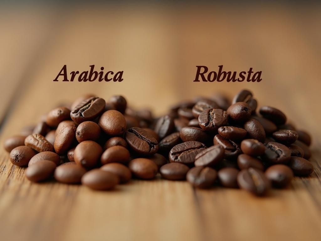 Ảnh chụp macro 2 loại hạt cà phê Arabica và Robusta đặt cạnh nhau với chú thích từng loại