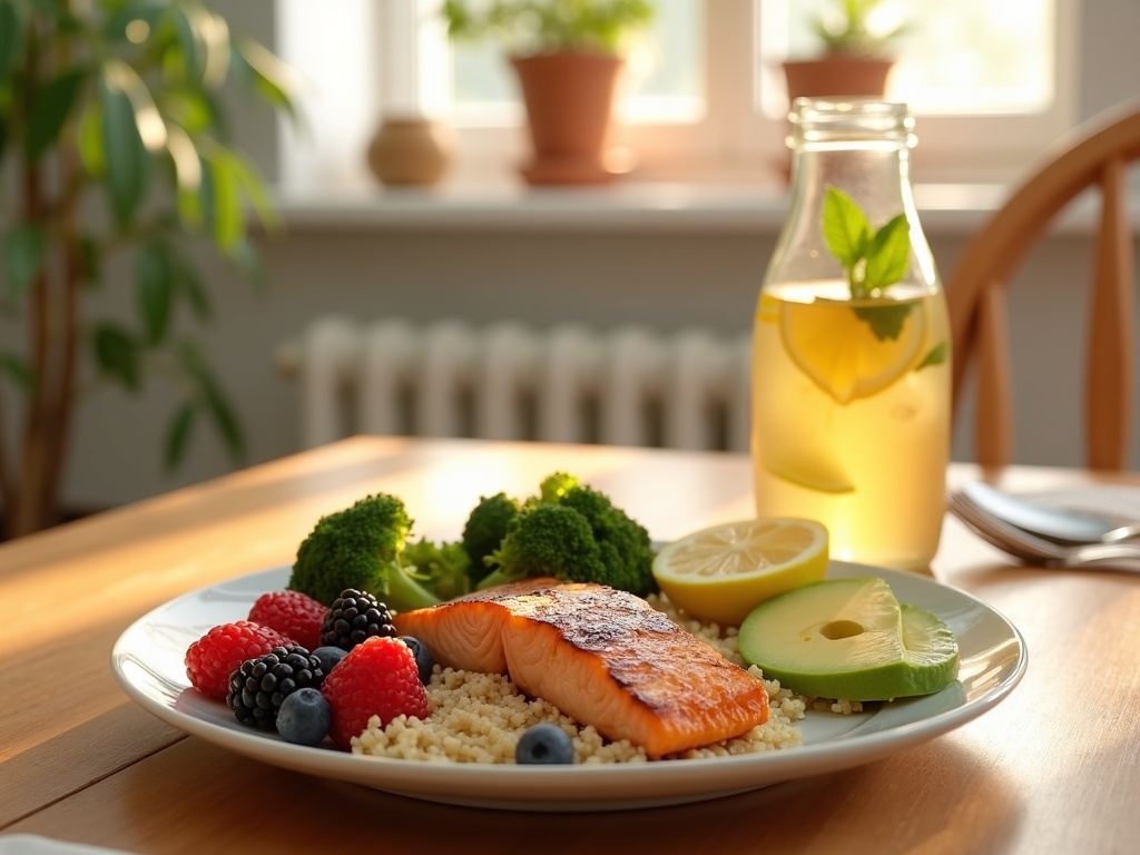 Hình ảnh mâm cơm đầy đủ dưỡng chất, với rau xanh, protein và trái cây tươi