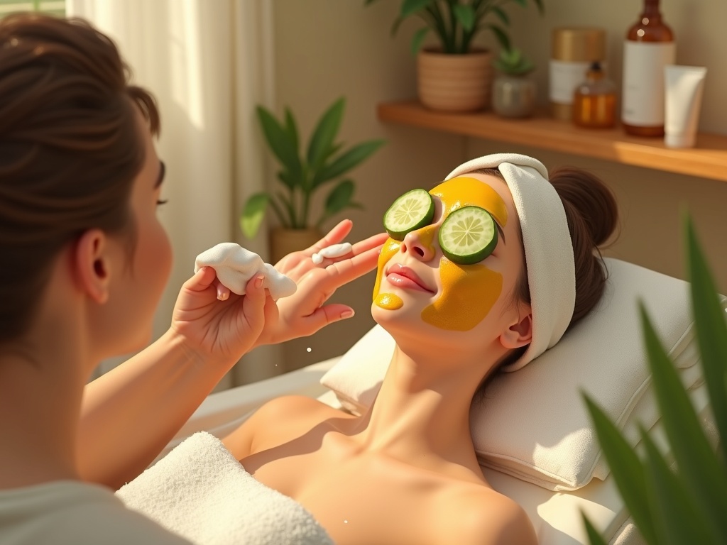 Hình ảnh các bước chăm sóc da bằng sản phẩm thiên nhiên: rửa mặt - đắp mặt nạ - dưỡng ẩm