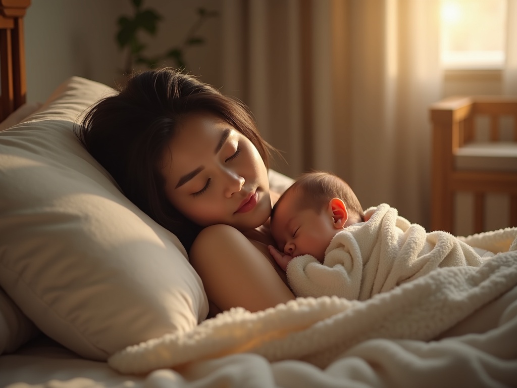 Hình ảnh mẹ đang ngủ cùng em bé trong không gian yên tĩnh, ấm áp