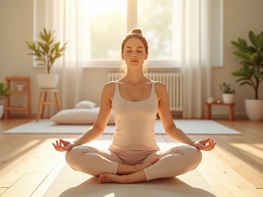 Hình ảnh mẹ sau sinh đang thực hiện bài tập yoga thư giãn trên thảm