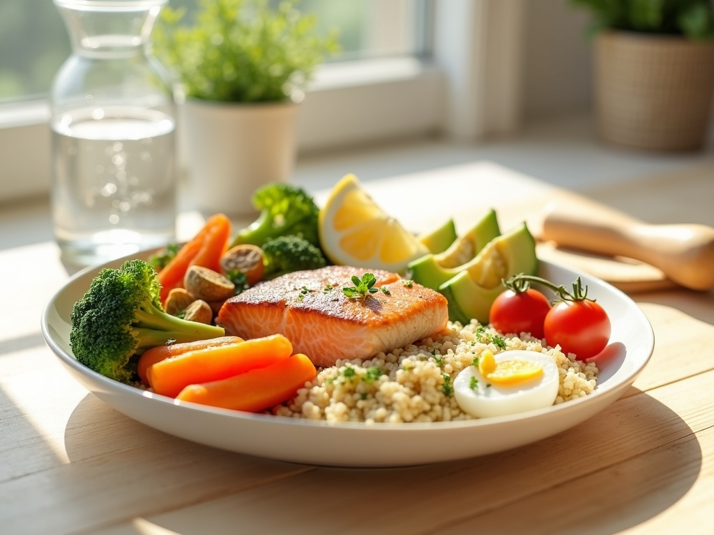 Hình ảnh một bữa ăn dinh dưỡng, đầy đủ rau củ quả và protein lành mạnh