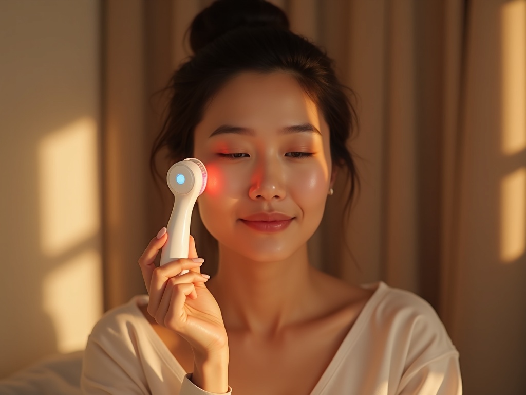 Hình ảnh người đang thực hiện các bước chăm sóc da bằng máy – từ làm sạch, đẩy tinh chất đến chiếu đèn LED