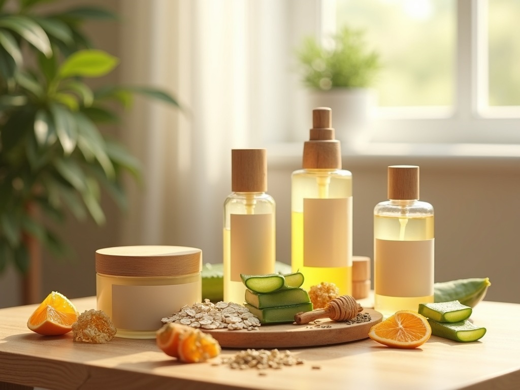 Hình ảnh sản phẩm chăm sóc da thiên nhiên trưng bày theo bộ