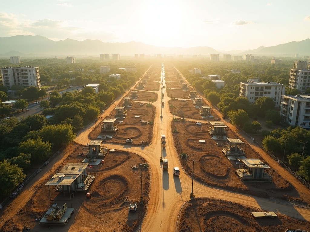 A wide shot of a developing suburban real estate area in Vietnam, showcasing plotted land sections with clear property boundaries, partially constructed structures, dirt roads under development, and sparse greenery, surrounded by distant mountains and scattered residential buildings, bustling with activity such as construction vehicles and a few people surveying land, photorealistic style, golden hour lighting casting warm tones and long shadows, vibrant yet natural color palette with earthy browns, fresh greens, and sky blues, ultra-detailed and sharp focus, cinematic composition emphasizing the scale and potential of the area, 8k resolution, --ar 16:9
