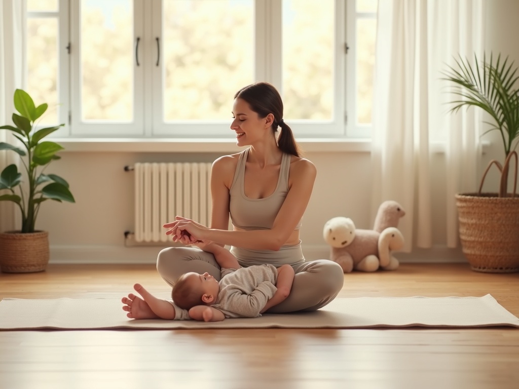 Mẹ tập plank trên thảm yoga, em bé nằm chơi gần đó – hình ảnh ấm áp và năng động