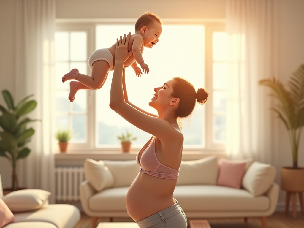 a healthy and fit postnatal mother joyfully playing with her baby in a cozy, sunlit living room, the mother has a toned and strong physique, smiling warmly while lifting the baby above her head, baby laughing in response, surrounded by soft furnishings and a bright, minimalistic modern home interior, subtle anatomical illustration overlays depicting strong core muscles, pelvic floor, and healthy posture, photorealistic style, soft natural light streaming through large windows, warm and inviting color palette with pastels and light wood tones, cinematic wide shot emphasizing bonding and well-being, ultra-detailed, sharp focus, 8k resolution, --ar 16:9
