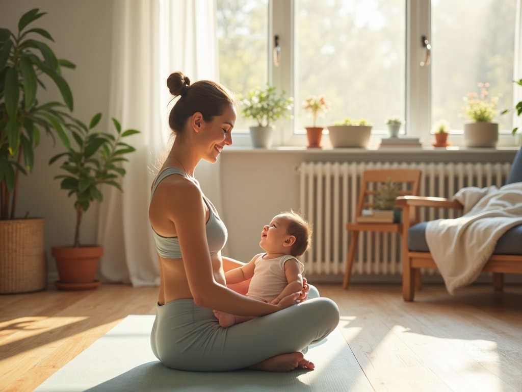 Mẹ sau sinh luyện tập yoga cùng em bé