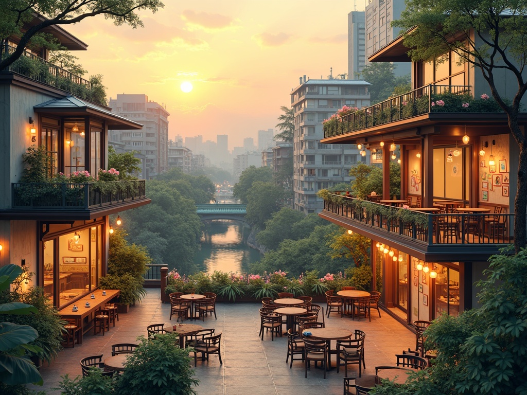A collage of the most visually stunning and uniquely designed cafés in Hanoi, presented in a vibrant photorealistic digital painting style, featuring rooftop cafés with panoramic urban views, cozy vintage-style indoor settings with warm wooden furniture, a lakeside café adorned with colorful sticky notes on the walls, a café built around a giant tree in minimal Japanese architecture, French colonial-style balconies overflowing with flowers, serene garden cafés with small ponds and greenery, and a chic minimalistic coffee bar with pour-over brewing stations. Background elements include iconic Hanoi architecture, tree-lined streets, and soft urban skylines. Lighting is golden hour with warm glowing sunlight filtering through windows and casting soft shadows, creating a dreamy and atmospheric effect. Color palette includes earthy tones, pastel accents, and lush greens. Wide-angle composition, ultra-detailed, high clarity, intricate textures and ambient atmosphere, 8k resolution, sharp focus, cinematic framing --ar 16:9.