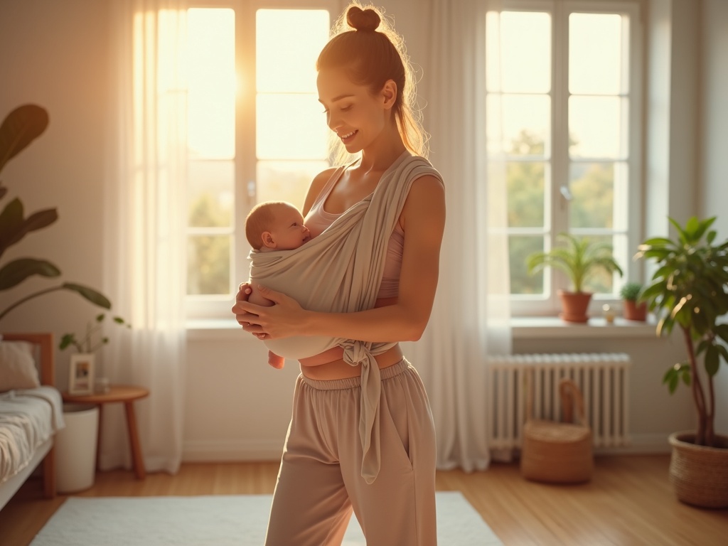 a young postpartum mother gently exercising at home while holding her infant in her arms, natural and serene expression on her face, wearing comfortable workout clothes, standing on a soft yoga mat in a cozy, well-lit living room, baby wrapped securely in a soft sling, bright and calming atmosphere, sunlight streaming through large windows casting soft shadows, modern minimalist decor with neutral and pastel tones, potted plants and baby items subtly placed in the background, warm golden hour lighting, photorealistic style, ultra-detailed textures and facial features, sharp focus, cinematic composition, wide shot, 8k resolution, --ar 16:9