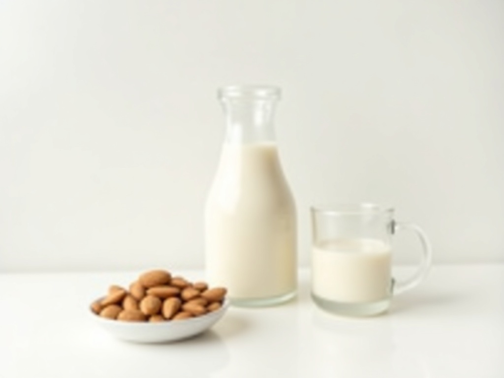 a photorealistic, ultra-detailed image of a clear glass carafe and matching tumbler filled with creamy almond milk, placed beside a small round white ceramic plate filled with raw whole almonds, all arranged on a pristine white surface with a soft white background, minimalistic modern setting, high key lighting with soft studio shadows, balanced natural composition, sharp focus on textures of the almonds and the smooth surface of the milk, subtle reflections on glassware, clean and airy aesthetic, harmonious neutral color palette with gentle beige and cream tones, wide shot with centered composition, 8k resolution, intricate details, ultra sharp clarity --ar 16:9
