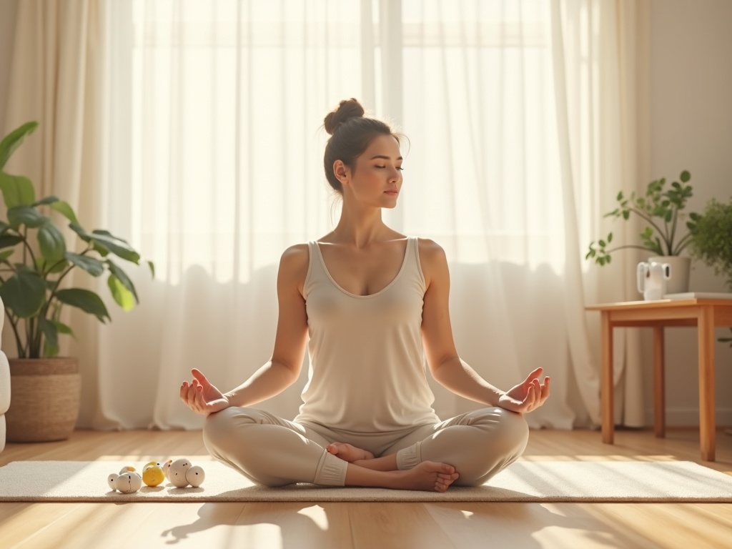 a photorealistic scene of a young postpartum mother gently exercising at home, she is wearing comfortable fitness clothes, performing light yoga stretches on a soft yoga mat in a bright, cozy living room, baby toys subtly scattered on the floor, a baby monitor on a nearby table, background includes a softly sunlit window with light curtains, indoor plants adding a touch of freshness, warm wooden flooring and soft neutral-toned furniture, captured with natural morning light creating soft shadows and a calm atmosphere, color palette of pastel tones and warm whites, wide shot composition, ultra-detailed, sharp focus, intricate textures on clothing and surroundings, cinematic framing in 8k resolution --ar 16:9