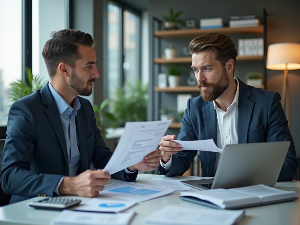 A professional business meeting between a small company representative and a tax consultant in a modern office setting, photorealistic style, the business owner is presenting documents while the tax advisor reviews financial reports on a laptop, both appear focused and engaged, the environment includes a clean, organized desk with folders, calculator, and stationery, glass windows allowing natural daylight to softly illuminate the scene, background features shelves with tax-related books, office plants adding a touch of greenery, soft studio lighting with slight warm tones to enhance professionalism and clarity, muted corporate color palette with navy blue, grey, and white, wide shot composition capturing the full interaction, ultra-detailed, crisp focus, intricate facial expressions and textures, 8k resolution --ar 16:9