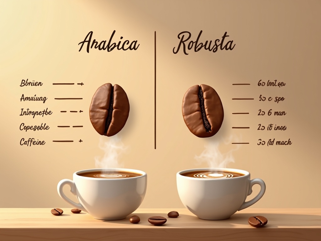 Một hình ảnh so sánh hương vị giữa Arabica và Robusta, có bảng đánh giá mức độ đắng, thơm, caffeine