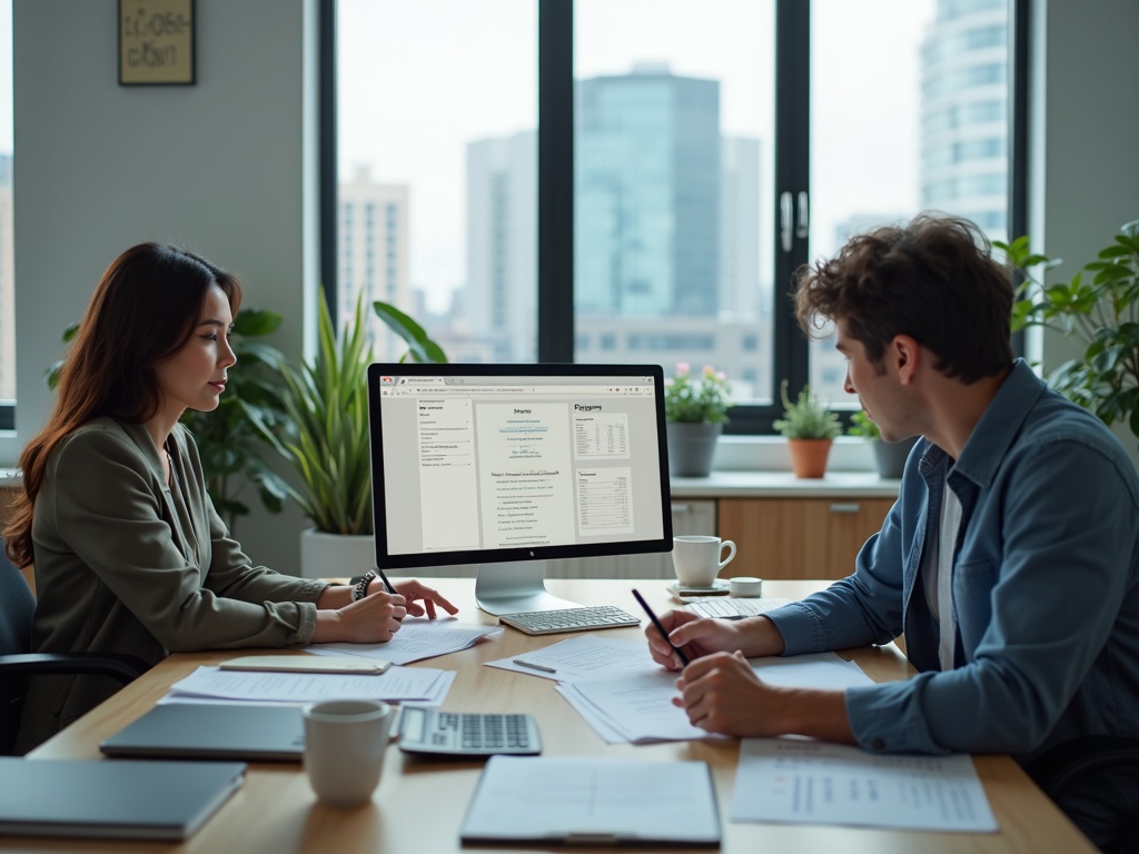 a small business office scene, photorealistic style, a team of two or three employees working together over accounting documents and tax forms, one person looking at a computer screen displaying a tax portal interface, another person organizing paper receipts and invoices, desks filled with folders, financial spreadsheets, calculators, and coffee mugs, the office has a modern minimalist design with some potted plants and natural wood furniture, soft studio lighting with natural daylight streaming through large windows, a cityscape visible outside the window in the background, neutral color palette with soft blues, grays, and warm beige tones, wide shot composition showing both people and workspace, ultra-detailed, sharp focus, high-resolution 8k image, realistic textures and lighting, cinematic atmosphere, --ar 16:9