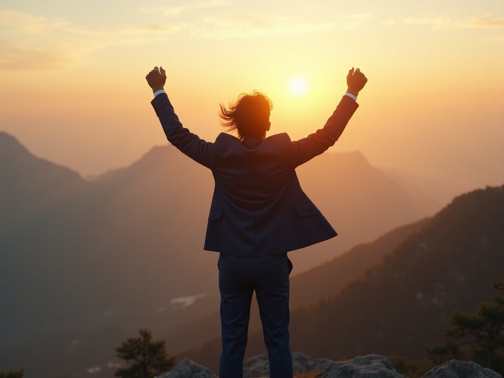 a triumphant businessman standing on the peak of a mountain overlooking a vast landscape, arms raised in victory, wearing a sharp tailored dark-blue suit, wind blowing through his hair and jacket, golden sunrise casting a warm glow across the sky and mountains, soft mist in the valleys below, symbolizing achievement and personal fulfillment, photorealistic style, cinematic composition, wide-angle shot, intricate details on clothing and facial expression, crisp clear atmosphere, golden hour lighting, color palette of rich golds, deep blues and natural earth tones, ultra-detailed textures, sharp focus, 8k resolution --ar 16:9