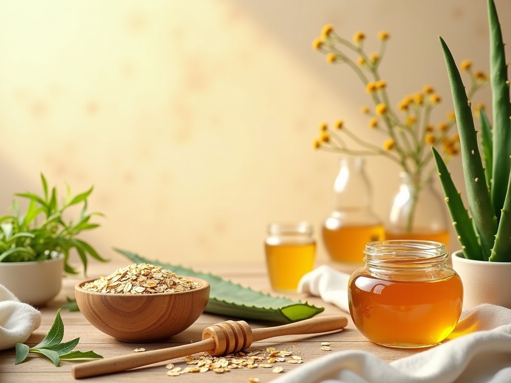 A wide shot of a natural skincare ingredients flat lay composition, featuring raw rolled oats in a wooden bowl, golden honey dripping from a wooden dipper, fresh aloe vera leaves sliced open to reveal their gel, surrounded by green leaves and floral elements like chamomile and calendula, placed on a clean, rustic wooden surface with soft linen fabric touches, backdrop includes eco-friendly glass jars and ceramic bowls, illuminated with warm soft studio lighting that mimics natural morning light, color palette of soothing earthy tones—beige, honey gold, fresh green, and ivory, photorealistic style, ultra-detailed textures of each ingredient, sharp focus on central elements with a gentle background blur, designed to evoke freshness, purity, and natural beauty, composition balanced with a central focal point and harmonious negative space, perfect for modern wellness-themed blog imagery, high resolution, 8K render, digital photography style, --ar 16:9