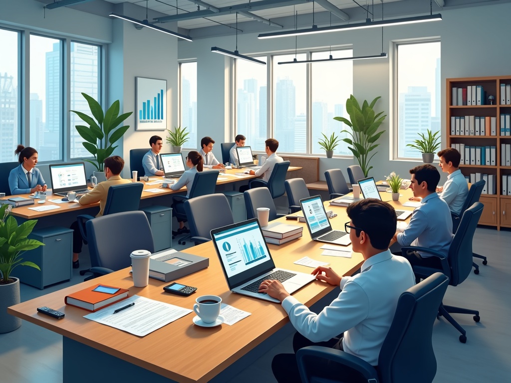 Ultra-detailed photorealistic digital illustration of a busy corporate accounting office handling tax documentation, wide shot showcasing a modern workspace with multiple desks organized with laptops, tax folders, calculators, and coffee cups, accountants engaged in reviewing financial statements, typing on keyboards, and discussing over tax files, large shelves filled with labeled ring binders and archive boxes, digital monitors displaying tax software interfaces and spreadsheets, indoor setting with glass walls, potted plants, warm wooden furniture, subtle branding elements like charts and motivational posters on the walls, ambient soft studio lighting with natural sunlight filtering through large windows, color palette of soft blues, greys, and warm beige tones, sharp focus, intricate textures across paper documents, clothing, office equipment, high-resolution 8k quality, cinematic composition, --ar 16:9