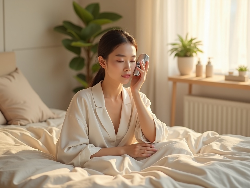 A photorealistic scene of a serene bedroom during daytime, showcasing a modern young Asian woman in her late 20s, sitting peacefully on a soft bed with neutral-toned linens, using a sleek, high-tech home facial device on her cheek, gentle expression, dressed in comfortable loungewear, warm ambient light entering through sheer curtains, minimalistic and cozy interior design with soft pastels and natural textures, potted plants and skincare products neatly arranged on a bedside table, subtle reflections on the device’s metallic surface, clean and soothing atmosphere, wide-angle composition capturing both the subject and her intimate environment, ultra-detailed textures on skin and fabric, sharp focus with creamy bokeh in background, natural shadows and soft highlights, high-resolution 8k image, cinematic lighting for a calm and luxurious mood --ar 16:9