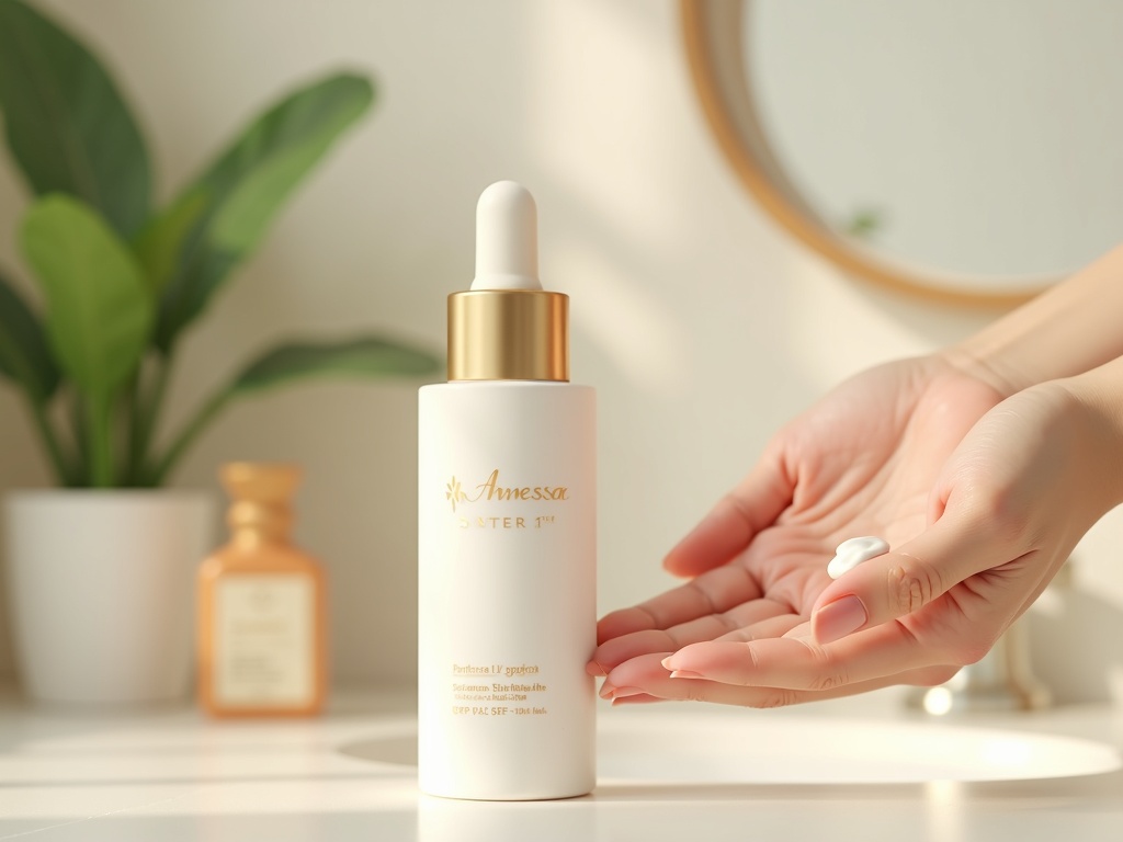 a photorealistic, ultra-detailed image of a premium sunscreen skincare product (Anessa Perfect UV Sunscreen Skincare Milk SPF50+ PA++++), elegantly placed on a clean vanity or bathroom counter, with a soft-focus background featuring minimalistic skincare items and leafy indoor plants, a female hand applying sunscreen gently on the cheek in the foreground, showing smooth skin texture and correct amount of product, soft natural studio lighting highlighting a dewy glow on the skin, fresh and bright morning ambiance, color palette of white, pale gold, pastel beige and soft green, wide-angle composition with focus on both product and application technique, sharp focus, intricate skin and packaging details, 8k resolution, crisp and clean aesthetic, --ar 16:9