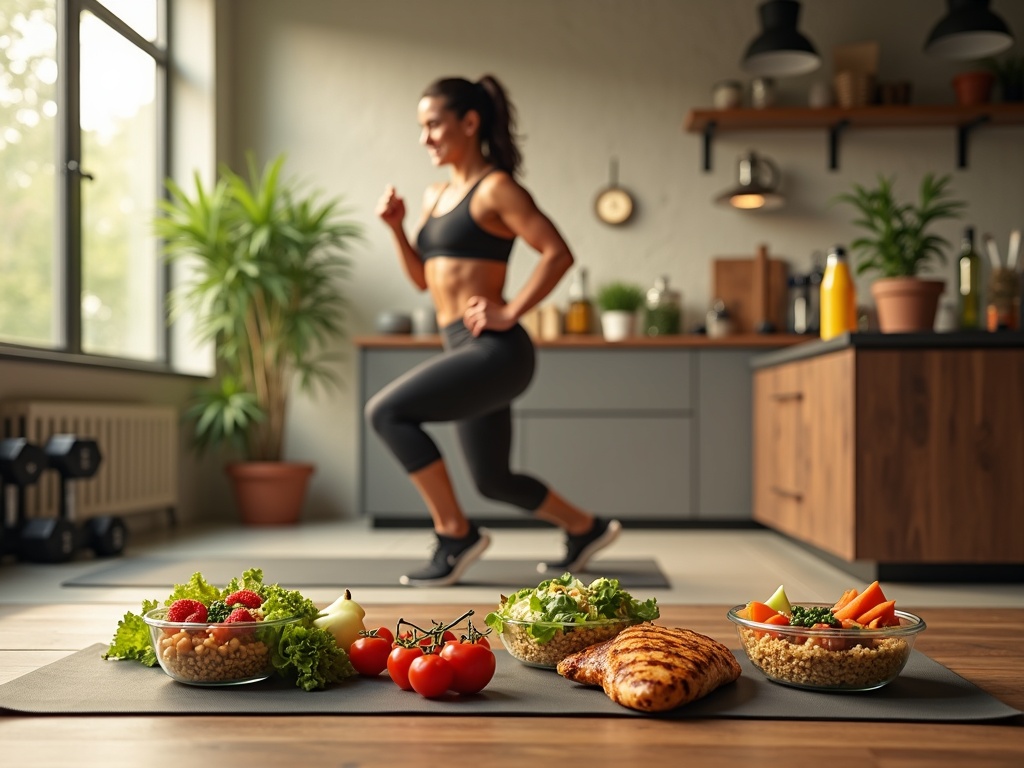 Một hình ảnh tổng quan về việc giảm cân như người đang tập thể dục và chuẩn bị đồ ăn lành mạnh
